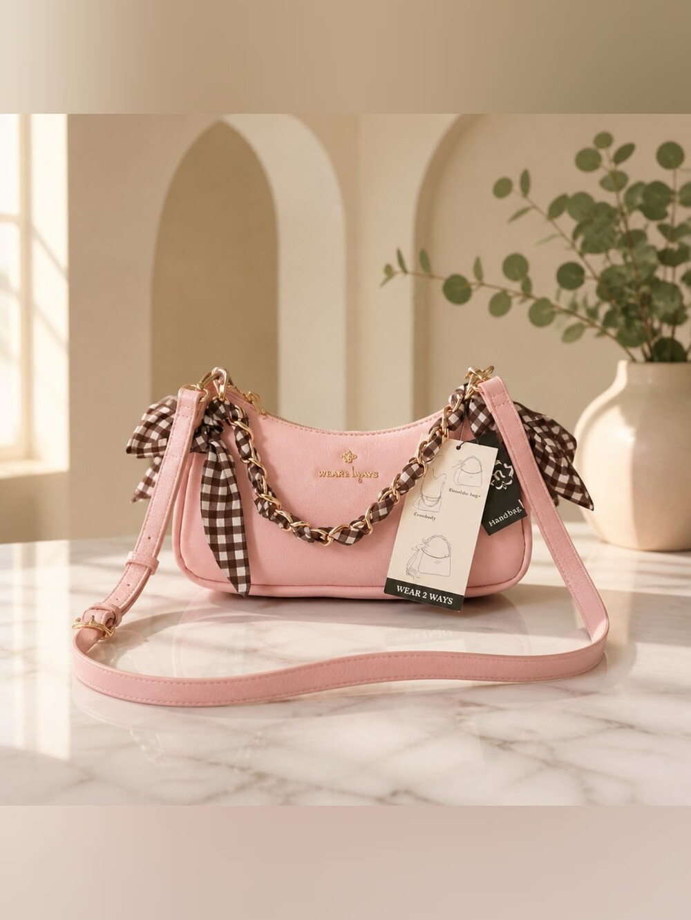 Pink Shoulder Bag Gold Chain Scarf Detail